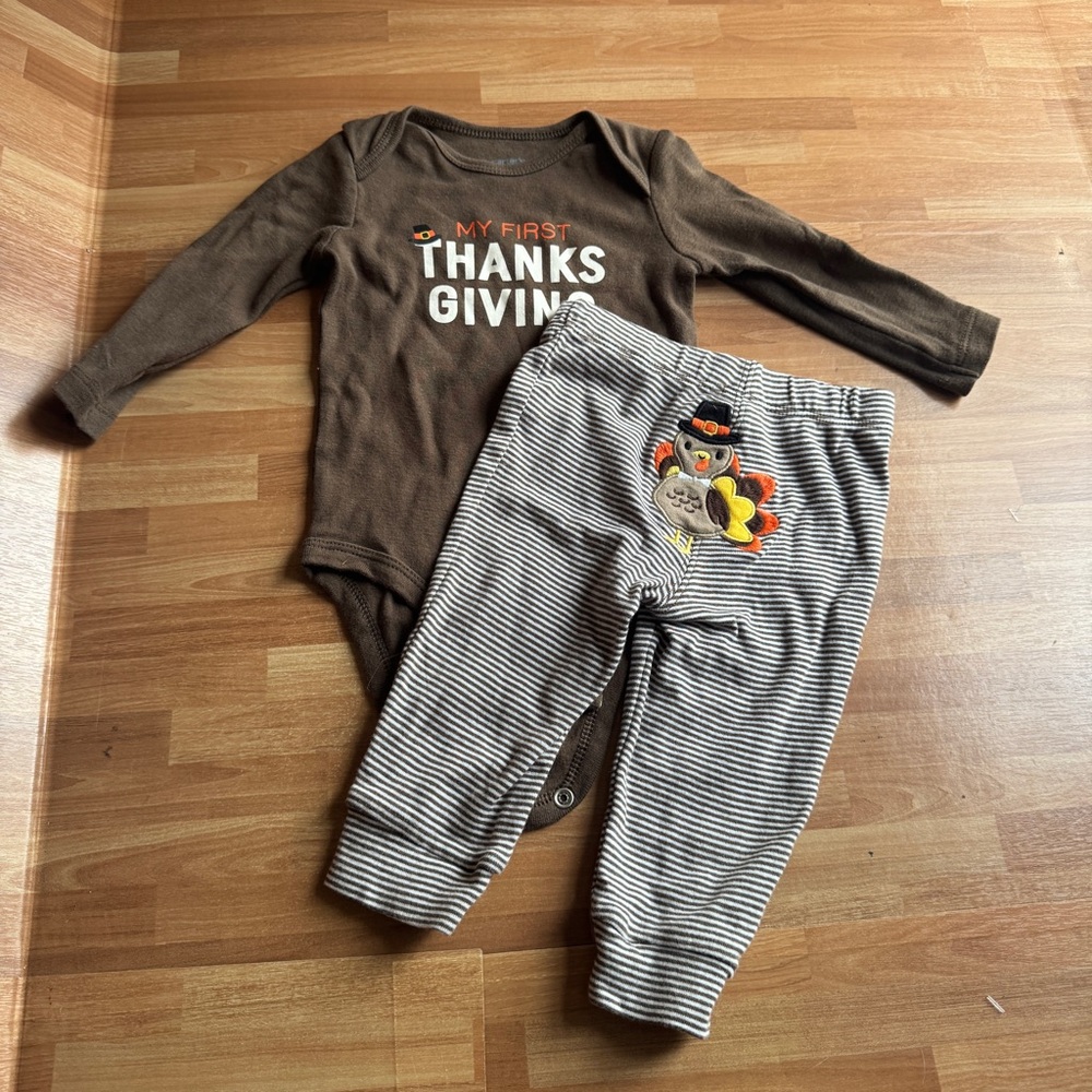 Thanksgiving, outfit, size 6mos  pants and long sleeve shirt, turkey